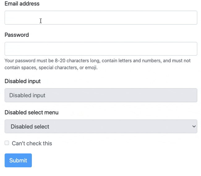 Bootstrap form example with disabled fieldset so user cant complete and submit form